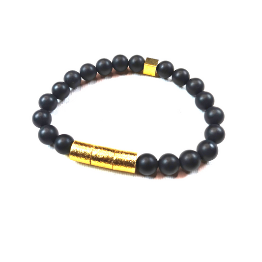 UNISEX Black Onyx Stones & Gold Stretch Bracelet ( FIRE)