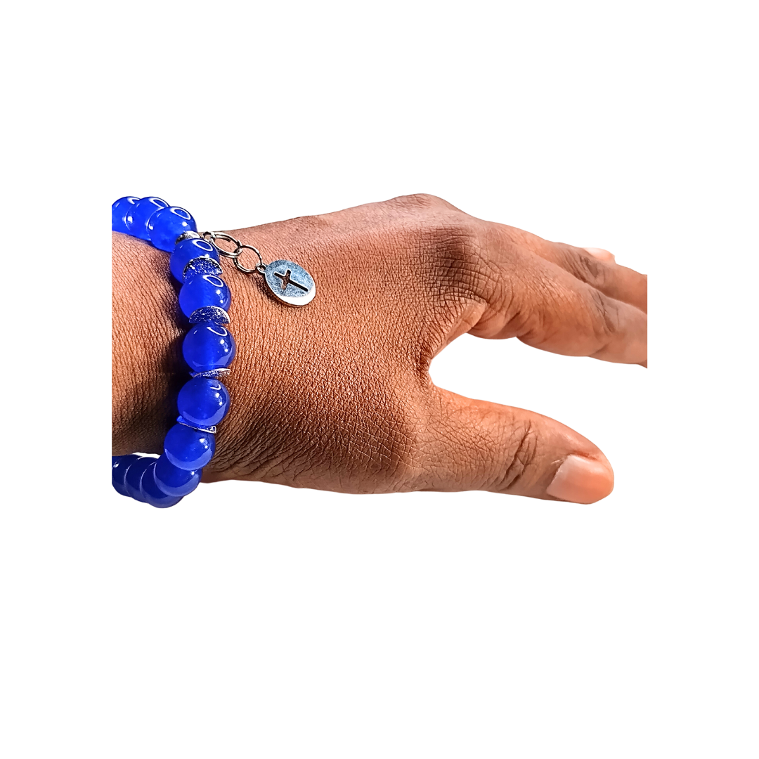 Woman's Blue Bead Stretch Bracelet w. Cross