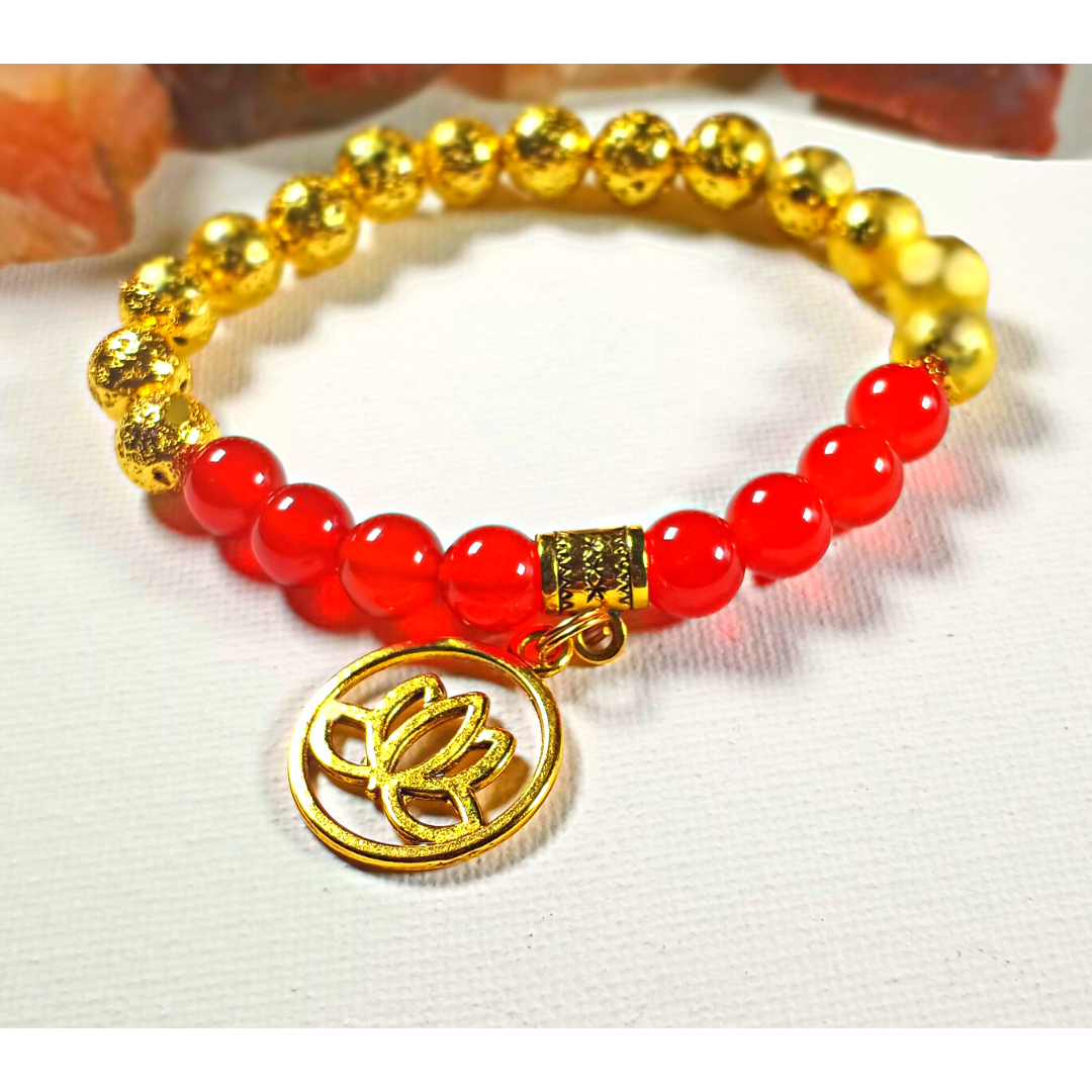 Woman's Carnellian & Gold Lava Stone Bracelet