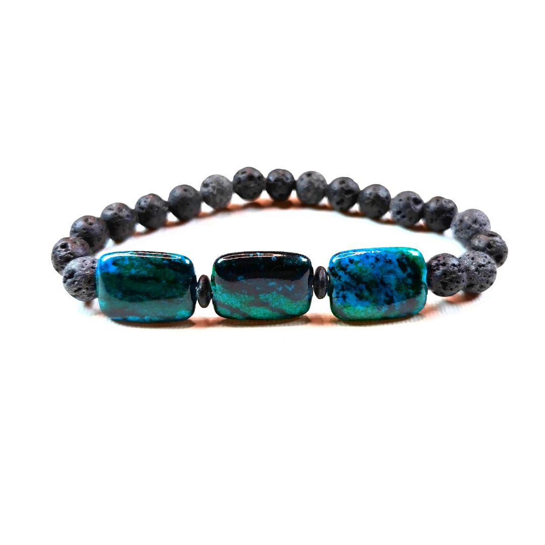 Man's Turquoise Color Stones & Black Lava Stone Bracelet