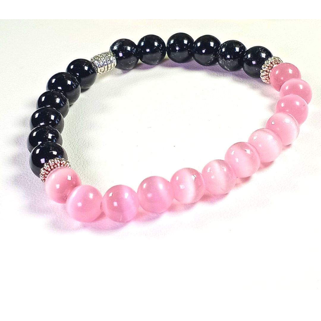Woman's Pink Cats Eye Beads & Black Onyx Stretch Bracelet