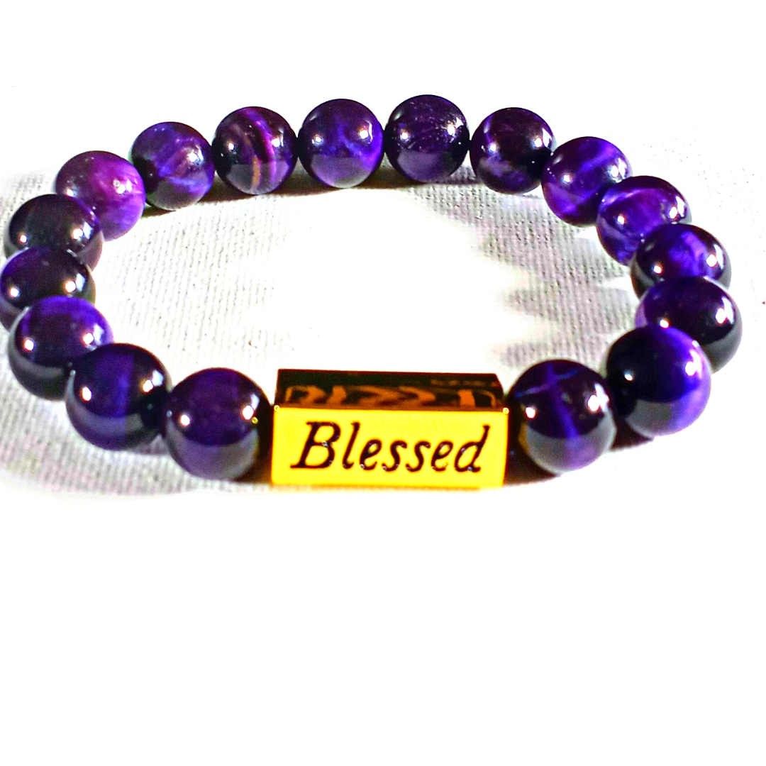 Woman's Royal Purple Amethyst Bracelet w. "Blessed" Charm